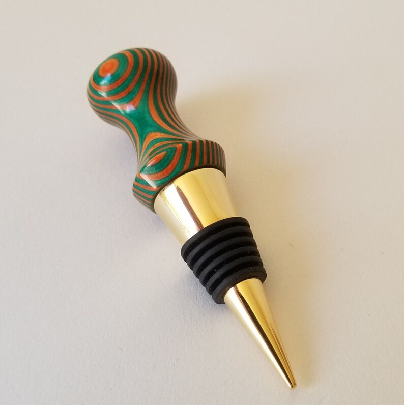 Hand Turned Wooden Wine Bottle Stopper in Orange, Green and Gold image 3