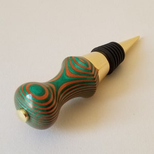 Hand Turned Wooden Wine Bottle Stopper in Orange, Green and Gold image 2