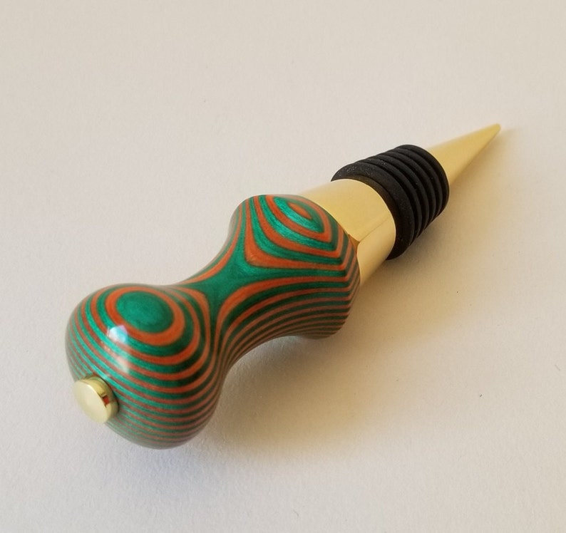 Hand Turned Wooden Wine Bottle Stopper in Orange, Green and Gold image 2