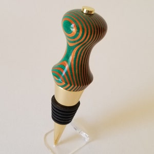 Hand Turned Wooden Wine Bottle Stopper in Orange, Green and Gold image 1