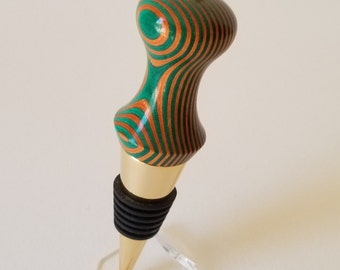 Hand Turned Wooden Wine Bottle Stopper in Orange, Green and Gold