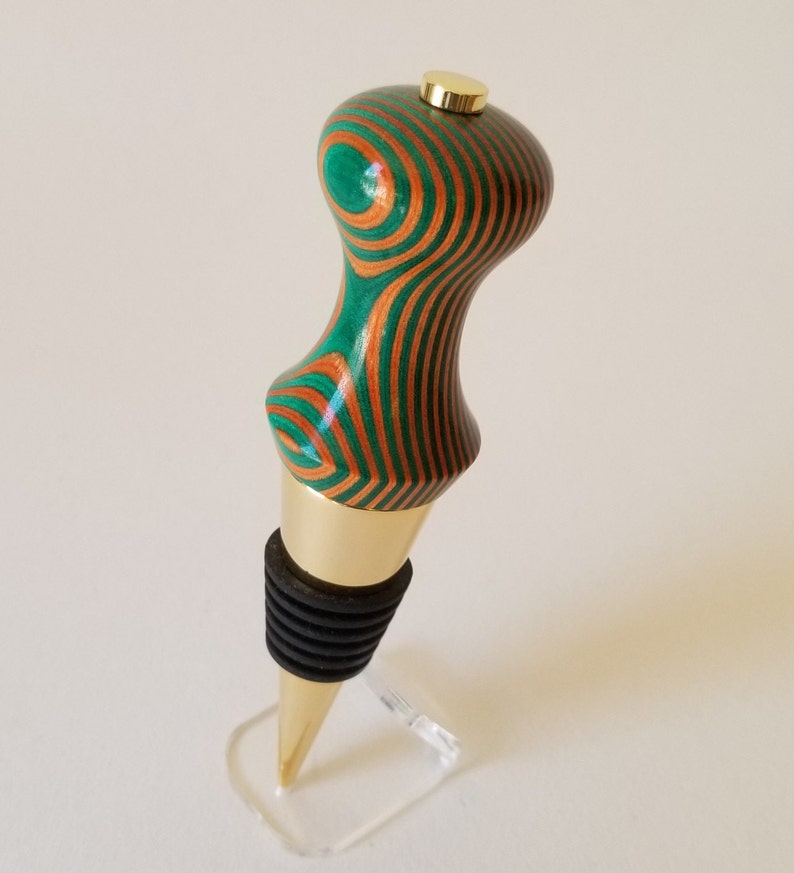 Hand Turned Wooden Wine Bottle Stopper in Orange, Green and Gold image 1