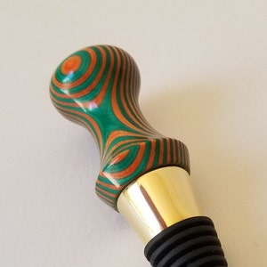 Hand Turned Wooden Wine Bottle Stopper in Orange, Green and Gold image 8