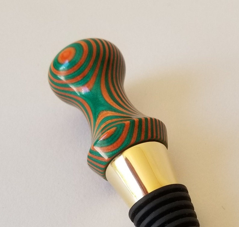 Hand Turned Wooden Wine Bottle Stopper in Orange, Green and Gold image 8