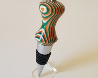 Hand Crafted Wooden Wine Bottle Stopper. Green, White and Orange. Flag of Ireland, India, Ivory Coast and Niger.