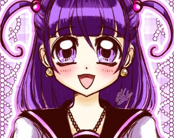 May include: Anime-style illustration of a girl with purple hair and eyes. She wears a white and black uniform with a pink collar and a gold necklace. The background features hearts and decorative elements.