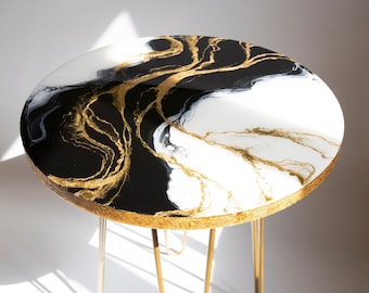 Goudzwart-witte salontafel, Epoxyhars salontafel, Glamour bijzettafel, Elegante salontafel, Ronde bijzettafel, Op maat gemaakte salontafel