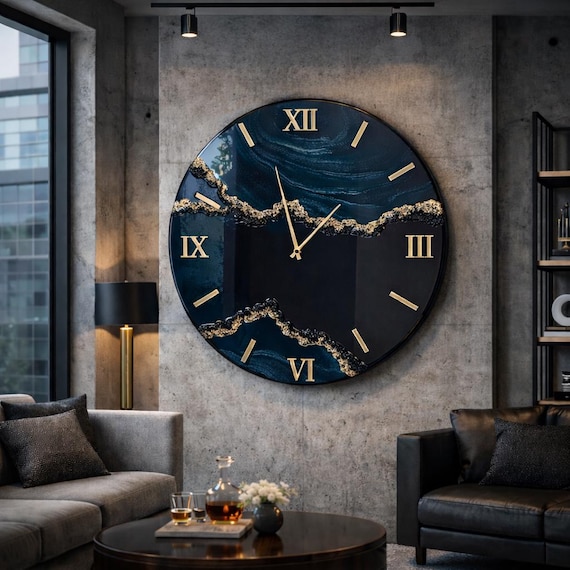 Navy Blue Epoxy Resin Clock, Large Wall Clock, Luxury Wall Clock