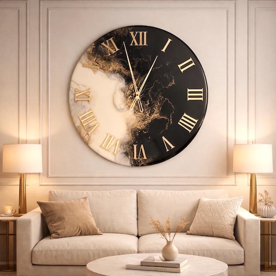 Beige-schwarze Epoxidharz-Wanduhr, elegante Wanduhr, handgefertigte, einzigartige, geräuschlose Wanduhr, Einzugsgeschenk