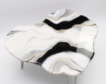 Epoxy handgemaakte salontafel met levende rand, epoxyhars op maat gemaakte moderne tafel, geode, unieke originele marmeren tafel met haarspeldpoten