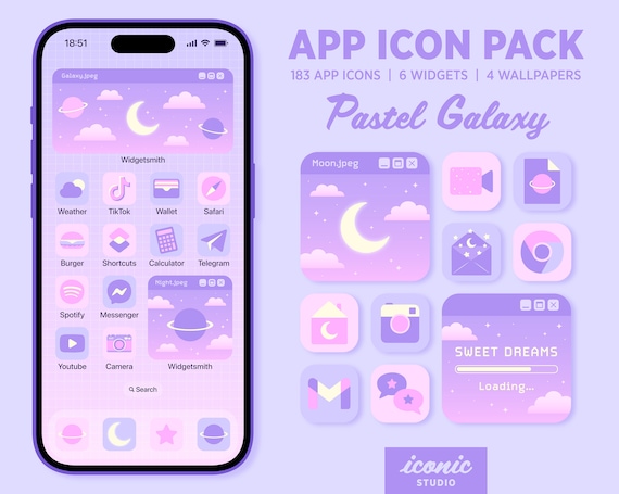 Cute Purple Ios Icons Kawaii Cats Icon Bundle App (Instant