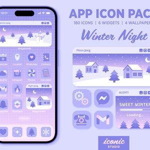 Winter Night App Icon Pack, Cute App Icons, Lofi Aesthetic, Retro Computer, Widgets & Wallpapers, Purple, Christmas Night, iOS 16, Android