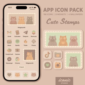 Cute Cat Stamps App Icon pack, Cozy, neutral, App Covers, Widgets, Wallpapers, iOS, Android, Pastel Aesthetic, Homescreen, Bundle, Vintage