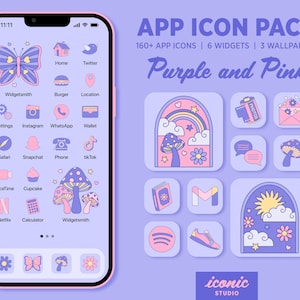 Cute Purple and Pink App Icon Pack, iOS 15 16 & Android App Icons Widgets and Wallpapers, Kawaii Icons, Butterfly, Mushrooms, Rainbows