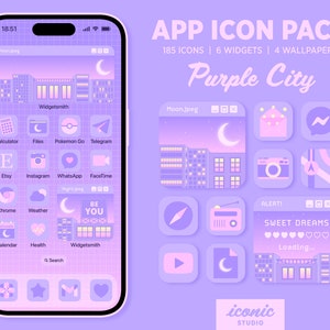 Purple City App Icon Pack, Lofi, Cute App Icons, Lilac Pink App Covers Widgets Wallpapers, Vaporwave, Pop City, Retro, Homescreen Aesthetic