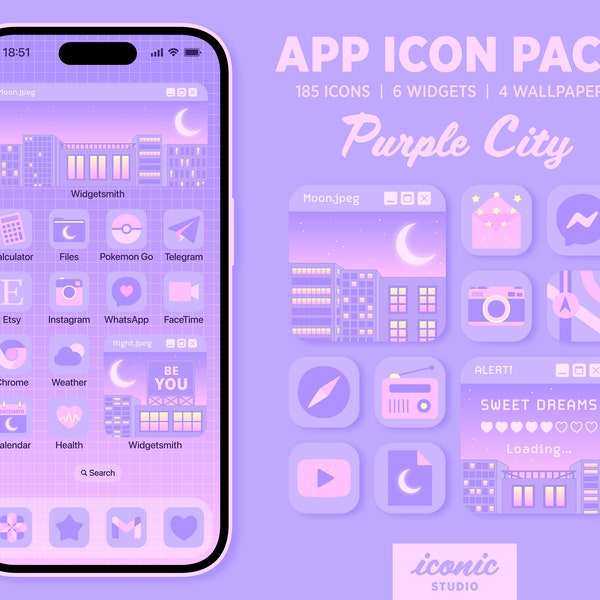 Purple City App Icon Pack, Lofi, Cute App Icons, Lilac Pink App Covers Widgets Wallpapers, Vaporwave, Pop City, Retro, Homescreen Aesthetic