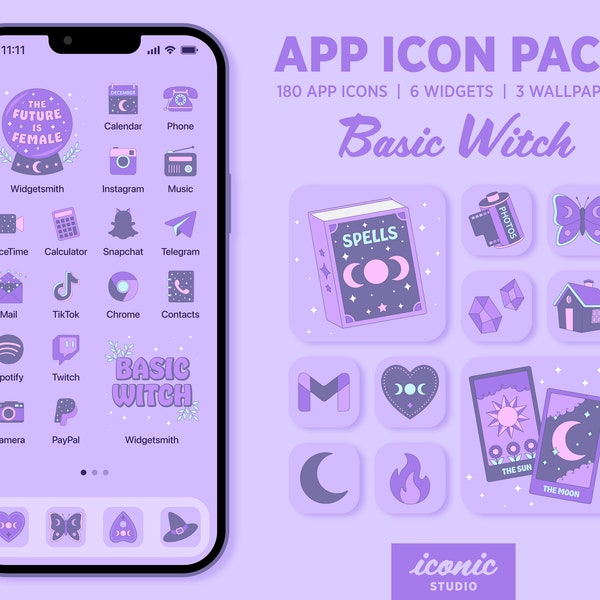 Purple Witchy App Icon Pack, Feminist Widgets Icons Wallpapers, Cute Pastel App Icons, Home Screen aesthetic, iPhone & Android, Magical