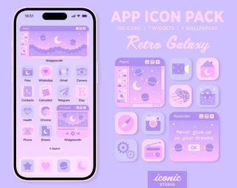 Retro Galaxy App Icon Pack, Cute Pastel Kawaii Theme, Lilac & Pink, Icons Widgets and Wallpapers, Lofi Aesthetic, Vintage Computer Aesthetic