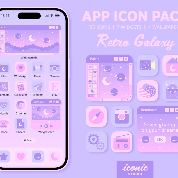 Retro Galaxy App Icon Pack, Cute Pastel Kawaii Theme, Lilac & Pink, Icons Widgets and Wallpapers, Lofi Aesthetic, Vintage Computer Aesthetic