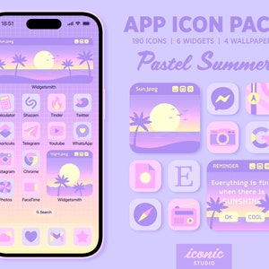 Retro Pastel Summer App Icon Pack, Pink Purple iOS theme, App Covers Widgets Wallpapers, Summer Aesthetic, Beach, Palm Trees, Sun, Sunset