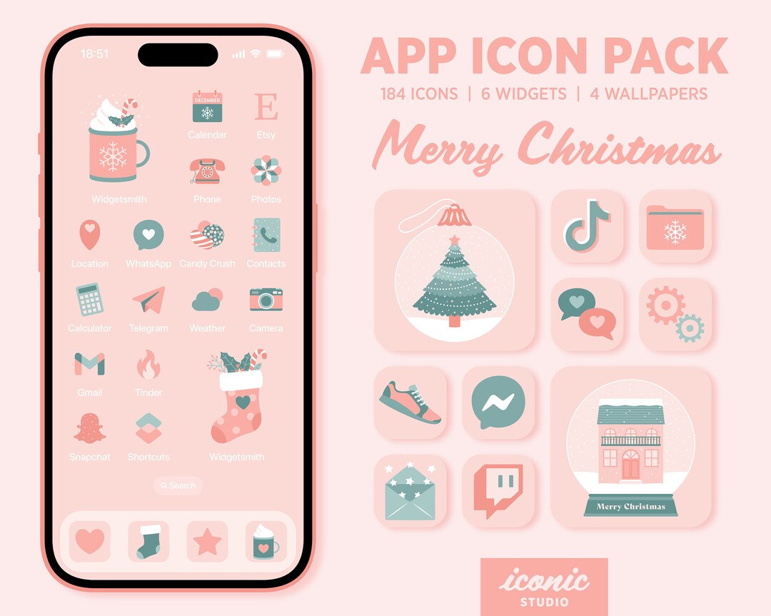 Cute Christmas App Icon Pack, Pink & Green App Icons, Winter Theme, Ios