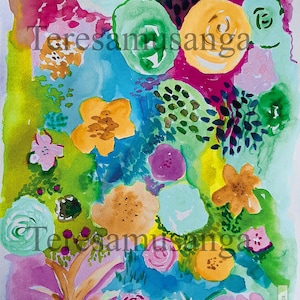 May include: Watercolor painting featuring an abstract floral design. The artwork showcases a vibrant mix of colors, including yellow, orange, pink, green, and blue. The artist's name, 'Teresamusanga,' is visible in the lower left and right corners.