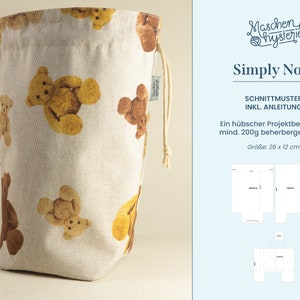 May include: A beige drawstring bag with a teddy bear print. The bag is 26 inches by 12 inches and is designed to hold up to 200 grams of yarn. The bag is part of a sewing pattern called "Simply No. 1" and includes instructions for making the bag.