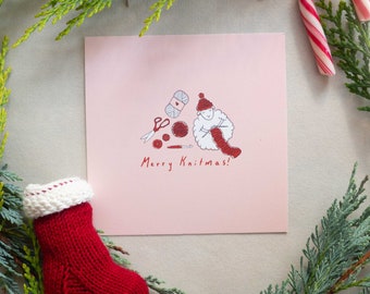 Handillustrierte Weihnachtskarte für Strick- und Häkelliebhaber - Merry Knitmas!