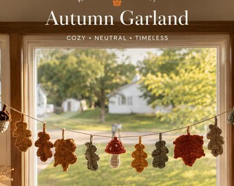 Guirnalda de otoño de ganchillo, guirnalda hecha a mano de hojas, bellotas y setas, decoración otoñal acogedora de bosque, decoración neutra para la habitación del bebé y la chimenea.
