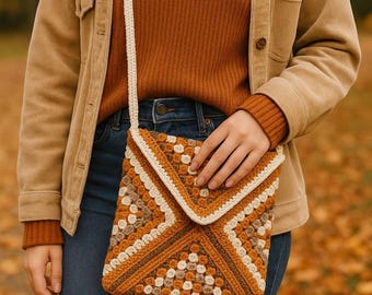 Ręcznie robiona torebka na ramię z kwadratowym wzorem babci: torebka boho z lat 70.
