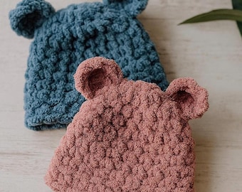 Ręcznie robiona na szydełku czapeczka dla niemowlaka z uszami – miękka pluszowa czapeczka dla noworodka, rozmiary 3-6 M, 6-12 M