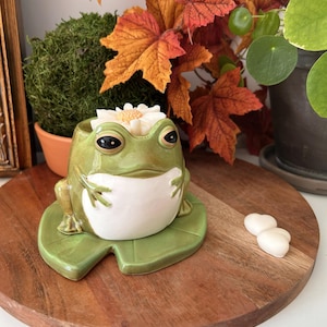 Könnte beinhalten: Eine Keramik-Froschfigur mit glänzend grüner Oberfläche und weißem Bauch, die auf einem passenden grünen Seerosenblatt-Sockel sitzt. Eine weiße Gänseblümchenblüte mit gelber Mitte befindet sich auf dem Kopf des Frosches. Zwei kleine weiße herzförmige Wachsschmelzen liegen daneben.