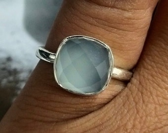 Natural Blue Aqua Chalcedony Gemstone Ring in Sterling Silver | Solitaire Ring | New Aqua Jewelry | Anniversary Gift Ring | Gift For Her |