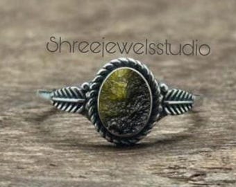 Natural Raw Moldavite Silver Ring | Leaf Ring | Moldavite Jewelry| Man's Gift Ring| Gift For Him, Oxidized Ring Gift For Her, Silver Jewelry