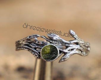 Simple Woodbark Engagement Ring Made In Sterling Silver With Natural Raw Moldavite Gemstone Round Moldavite Statement Ring, Dainty Ring
