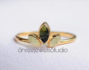 Natural Raw Moldavite & Natural Libyan Desert Glass Ring, Marquise Shape Ring, Unique Mix Gemstone Ring, Meteorite Ring, Authentic Moldavite