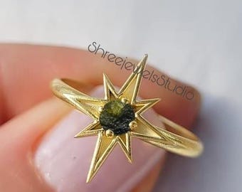 Natural Raw Moldavite Gemstone Star Ring In Sterling Silver | Engagement Ring | Moldavite Jewelry | Anniversary Gift Ring | Gift For Her