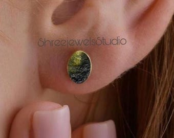 Czech Moldavite Stud Earrings In Sterling Silver Moldavite Jewelry, Genuine Moldavite, Gemstone Earrings Certified Moldavite, Oval Stud