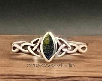 Moldavite Ring, Hidden Moldavite Ring, Celtic Moldavite Ring, Meteorite Ring, Authentic Moldavite, Handmade Ring, Gifts, Marquise Ring