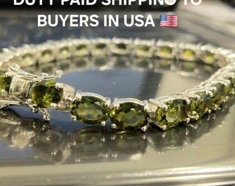 Natural Cut Moldavite Tennis Gemstone Bracelet In Silver And Gold |Oval Shape Moldavite Bracelet| Moldavite Jewelry Anniversary Gift For Her
