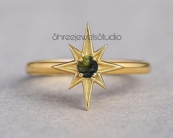 Natural Raw Moldavite Gemstone Sun Moon Ring In Sterling Silver | Engagement Ring | Moldavite Jewelry | Anniversary Gift Ring | Gift For Her