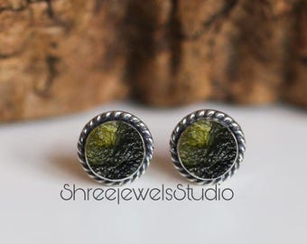 Czech Moldavite Stud Earrings In Sterling Silver Moldavite Jewelry, Genuine Moldavite, Gemstone Earrings Certified Moldavite, Round Stud