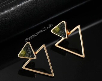 Czech Moldavite Stud Earrings In Sterling Silver Moldavite, Genuine Moldavite, Gemstone Earrings, Certified Moldavite, Triangle Earring
