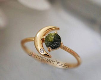 Natural Raw Moldavite Gemstone Sun Moon Ring In Sterling Silver | Engagement Ring | Moldavite Jewelry | Anniversary Gift Ring | Gift For Her