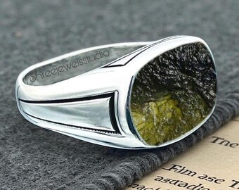 Natural Raw Moldavite Gemstone Ring In Sterling Silver, Engagement Ring, Moldavite Jewelry, Man's Gift Ring, Gift For Him, Valentine Gift.