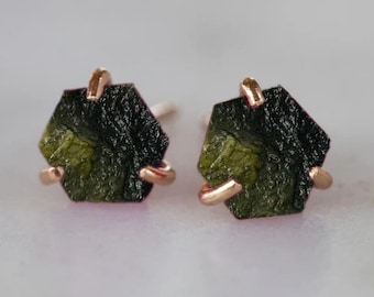 Rough Moldavite Earring, Silver Genuine Moldavite Gemstone Earring, Czech Republic Raw Moldavite Gold Earring
