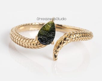 Moldavite Ring, Snake Moldavite Ring, Unique Moldavite Ring, Meteorite Ring, Authentic Moldavite, Handmade Ring, Adjustable Snake Ring