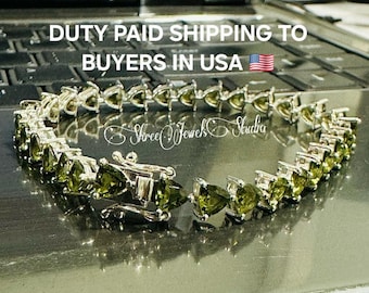 Natural Cut Moldavite Gemstone Tennis Bracelet In Brass, Silver & Gold Trillion Shape Moldavite Bracelet Moldavite  Anniversary Gift For Her