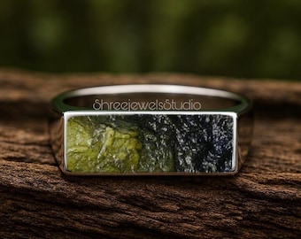 Moldavite Ring, Baguette Moldavite Ring, Unique Moldavite Ring, Meteorite Ring, Authentic Moldavite, Handmade Ring, Promise Gift Ring