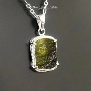 Natural Raw Moldavite Pendant In Sterling Silver | Handmade Pendant | Statement  Pendant | Women&#39;s Jewelry | Authentic Moldavite Pendant